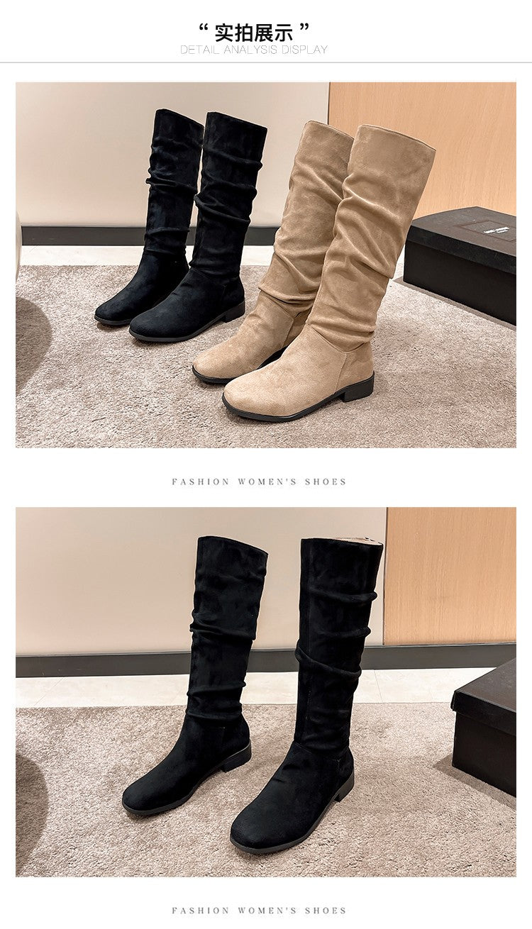Pleated Boots Women Faux Suede Flock Knee High Boots 2024 Winter Women Fashion Slip on Square Low Heel Knight Booties Mujer 202