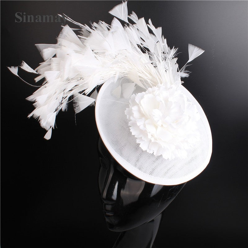 Chapéu de sol de aba grande com design de padrão de fio de cânhamo duplo, acessórios de pena, elegante chapéu de banquete, chapéu de praia para casamento ou férias, chapéu equestre