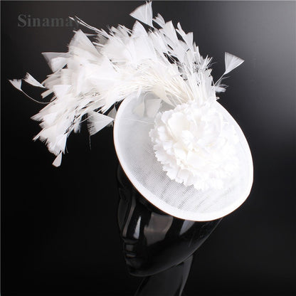 Chapéu de sol de aba grande com design de padrão de fio de cânhamo duplo, acessórios de pena, elegante chapéu de banquete, chapéu de praia para casamento ou férias, chapéu equestre
