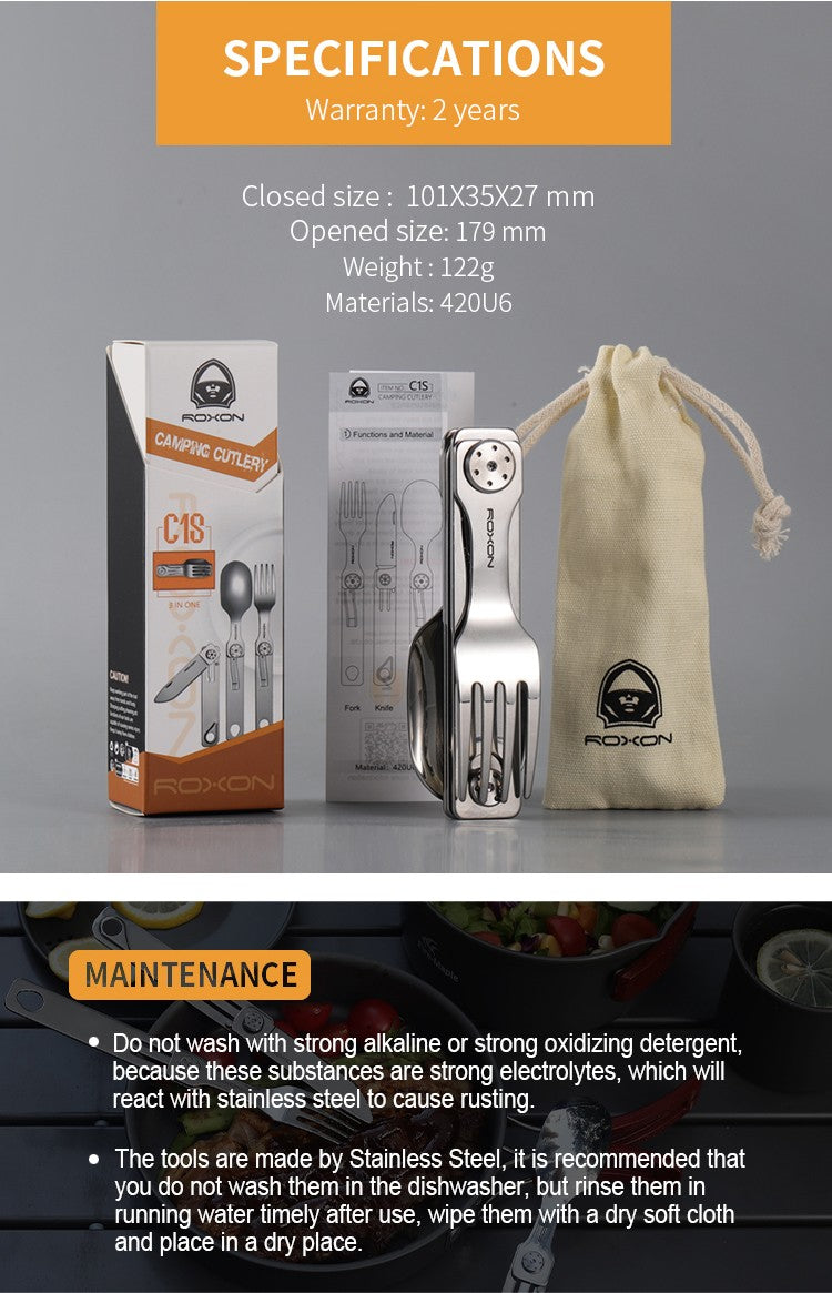 Roxon C2 Utensílio para Acampamento, Talheres Dobráveis Destacáveis 2 em 1 com Garfo e Colher para Ambientes Externos, Acampamento, Caminhada, Fácil de Transportar e Altamente