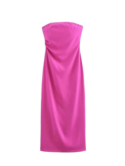 TRZA Women Fashion Strapless Gathered Midi Dress Sexy Straight Neck Back Slit Fe