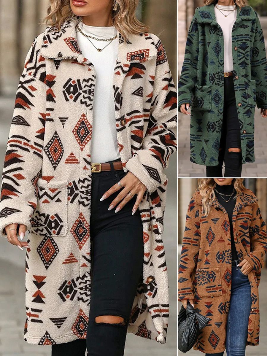 2025 New Women's Overcoat Jacket European American Style Single-breasted Ethnic Printed Fleece Long Length For Autumn Winter