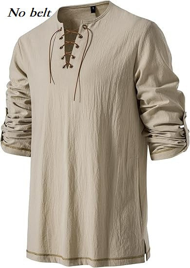Men's Medieval Lace Up Tunic Shirt Renaissance Viking Pirate Costume Long Sleeve Retro Tops with Belt for Halloween Cosplay
