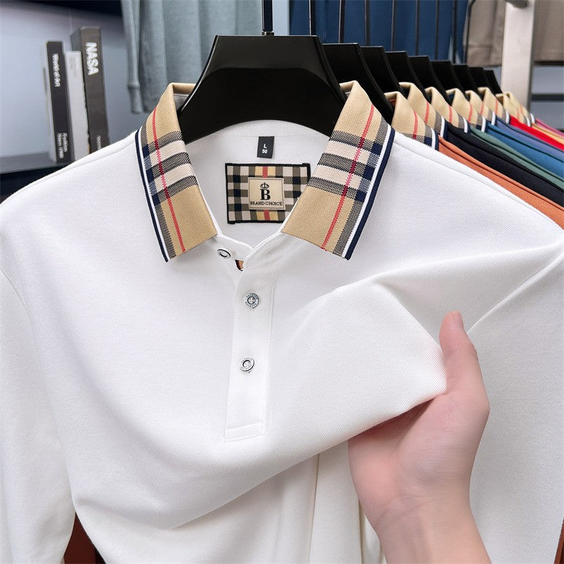 Luxury brand long sleeve polo shirt men comfortable casual autumn item silk cotton high-end Korean fashion plaid lapel T-shirt