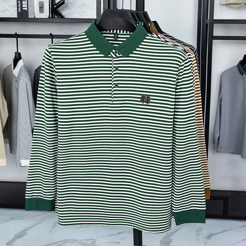 Men's Long Sleeved T-shirt, Youth Lapel T-shirt, Autumn Clothes Striped Polo Shirt Double-sided German Velvet 2025 New Trend Top