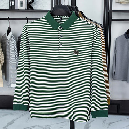 Men's Long Sleeved T-shirt, Youth Lapel T-shirt, Autumn Clothes Striped Polo Shirt Double-sided German Velvet 2025 New Trend Top