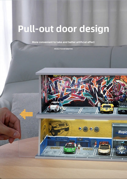 Estacionamento Simulado 1:64 com Luzes Cena em Miniatura Garagem de Brinquedo para Meninos Suporte de Exibição de Carros Coleção Infantil