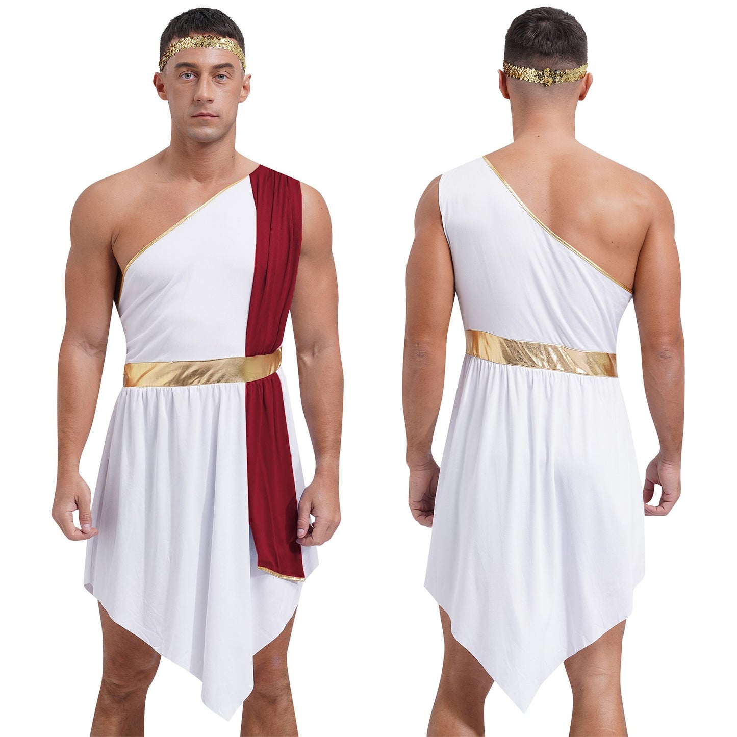 Mens Ancient Greek Toga Roman King Prince Cosplay Costume Halloween One Shoulder Embroidered Robe Dress Theme Party Outfits