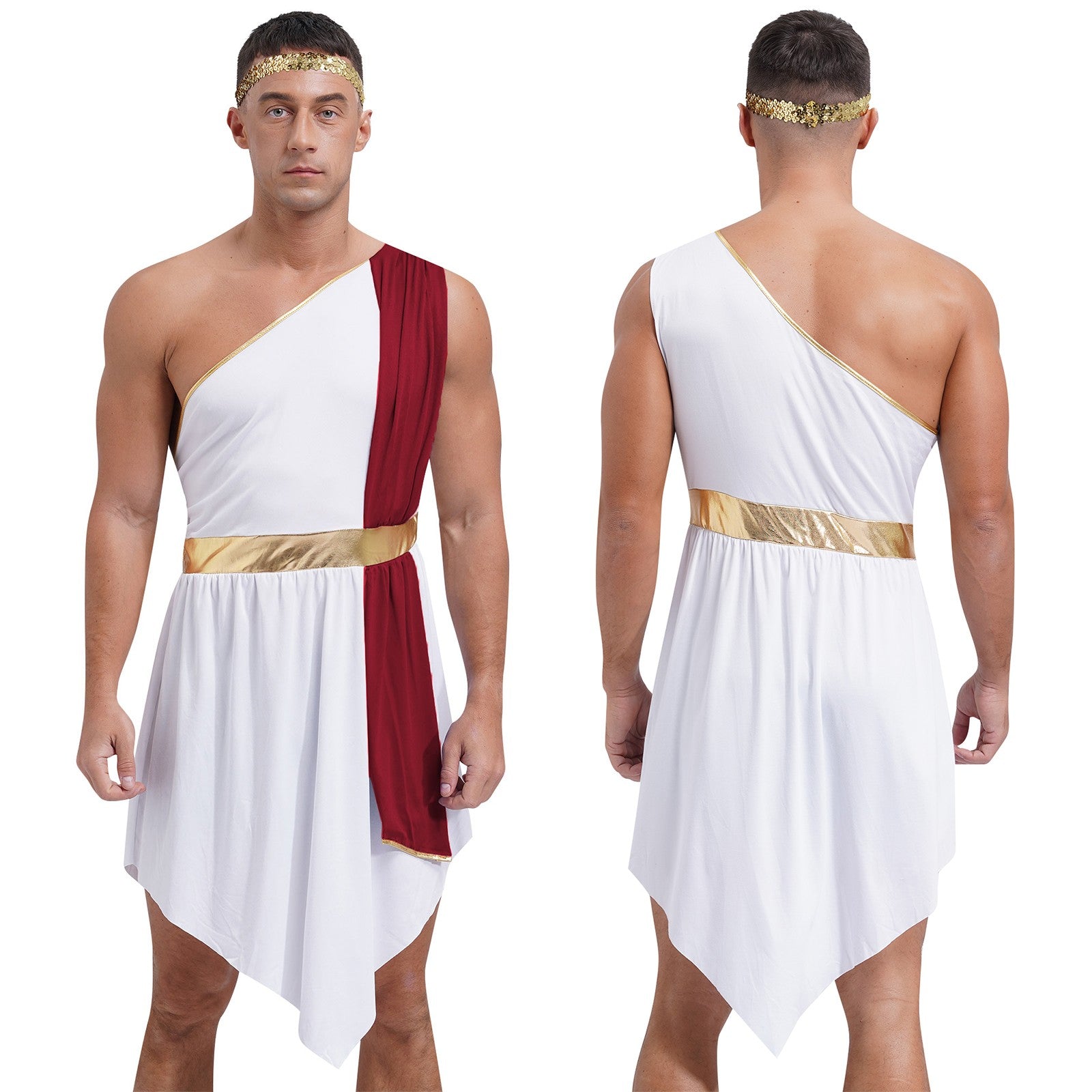 Mens Ancient Greek Toga Roman King Prince Cosplay Costume Halloween One Shoulder Embroidered Robe Dress Theme Party Outfits