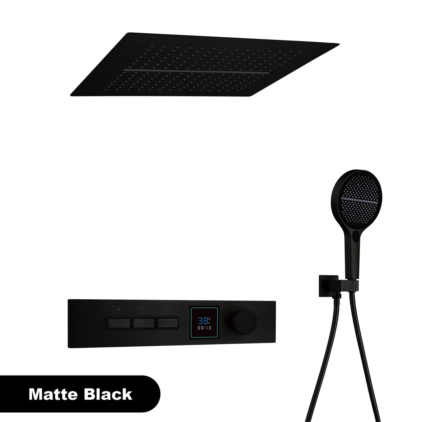 Sistema de chuveiro de latão Gunmetal luxuoso para banheiro com display de temperatura LED embutido no teto, 2 funções (chuva/cascata)