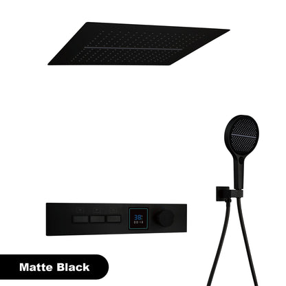 Sistema de chuveiro de latão Gunmetal luxuoso para banheiro com display de temperatura LED embutido no teto, 2 funções (chuva/cascata)