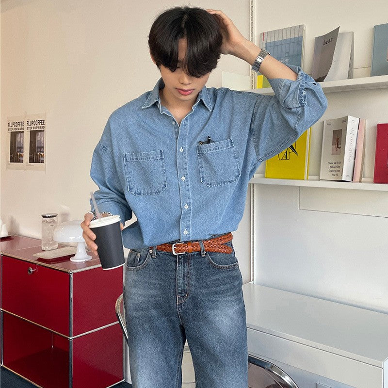 Spring Clothing Men's Denim Long-sleeved Pocket Shirt Casual Korean Turn down Button Streetwear Light Luxury Stylish 2025 New