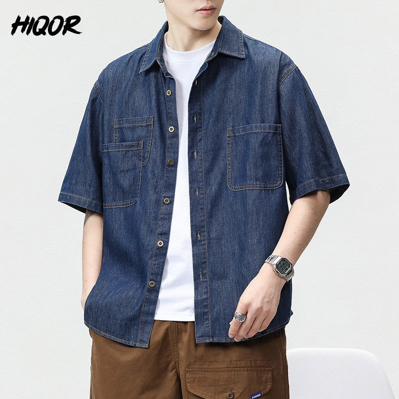 2025 Summer New Men's Casual Loose Shirt Polo Neck Short Sleeve Single Breasted Shirts Men's Vintage Solid Cargo Jeans  Tops