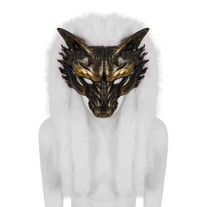 Viking Wolf Mask Faux Fur Headdress Werewolf Barbarian for Halloween Cosplay Costume Accessories