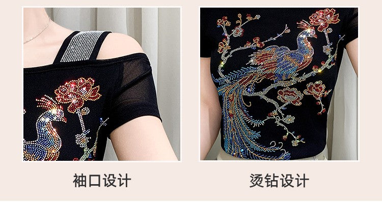 Summer New Fashion Cartoon T-shirt Chic Hollow Out Hot Diamonds Tees Sexy Off Shoulder Short Sleeve Women's Tops Blouse