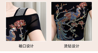 Summer New Fashion Cartoon T-shirt Chic Hollow Out Hot Diamonds Tees Sexy Off Shoulder Short Sleeve Women's Tops Blouse