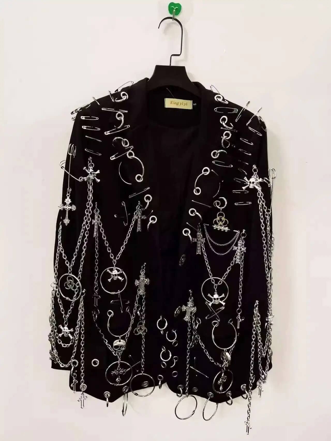 WVGA Spring Autumn New Men Y2K Dark Techwear Gothic Chain Design Blazer Punk Rock Heavy Beaded Niche Chic Casual Suit-Coat W8497