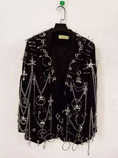 WVGA Spring Autumn New Men Y2K Dark Techwear Gothic Chain Design Blazer Punk Rock Heavy Beaded Niche Chic Casual Suit-Coat W8497