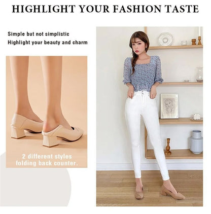 Four Seasons Shoes Soft Bottom Middle-aged Women's Shoes Chunky Heeled Mom Shoes Comfortable Casual Work Leather Shoes