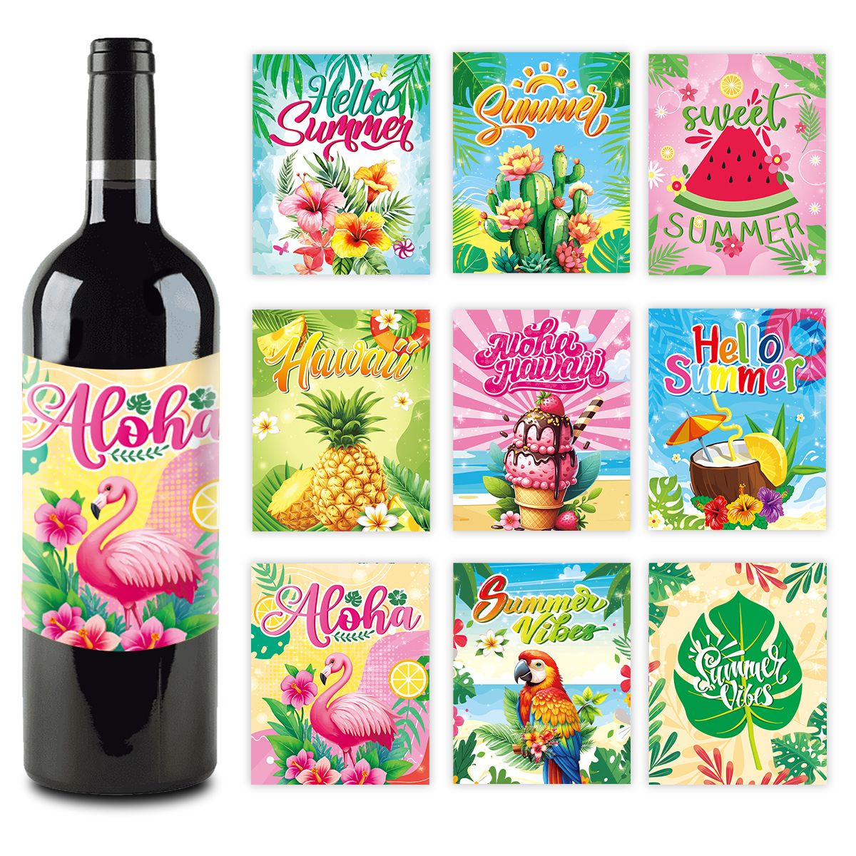 9pcs Hawaii Themed Party Wine Bottle Stickers Pink Flamingo Pineapple Stickers Summer Beach Party Supplies Decoration 4.02×5inch