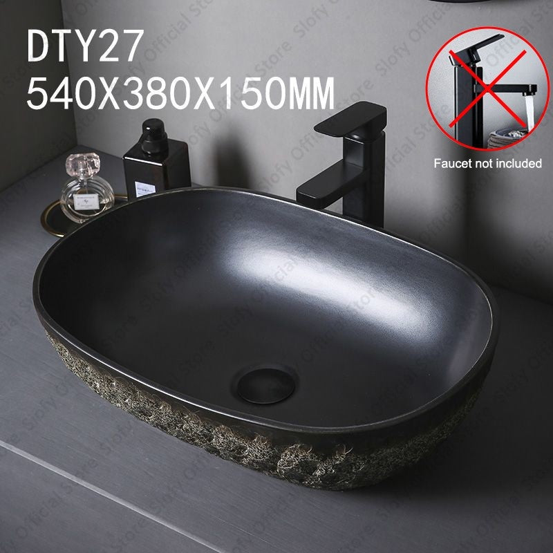 Vintage Style Ceramic Washbasin Black Artistic Hotel Family Bathroom Sink Basins Large Oval Balcony Garden Outdoor Washing Basin
