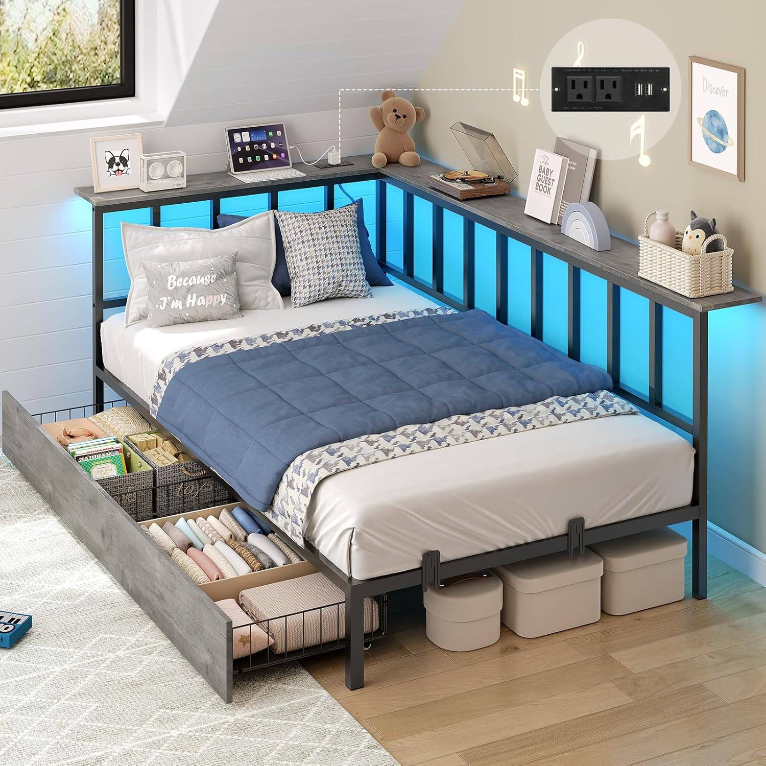 Corner Twin Bed Frame with 2 Storage Drawers and Charging Station,Metal Twin Size Platform Bed Frame with Storage Shelves