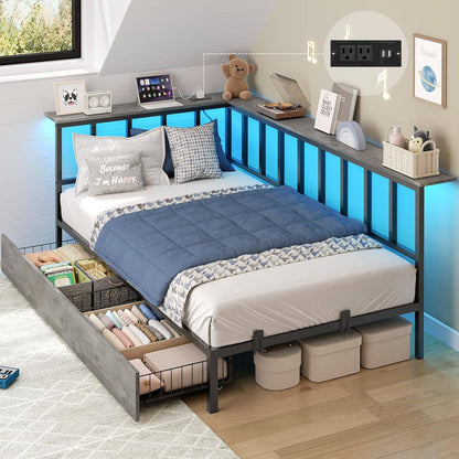 Corner Twin Bed Frame with 2 Storage Drawers and Charging Station,Metal Twin Size Platform Bed Frame with Storage Shelves