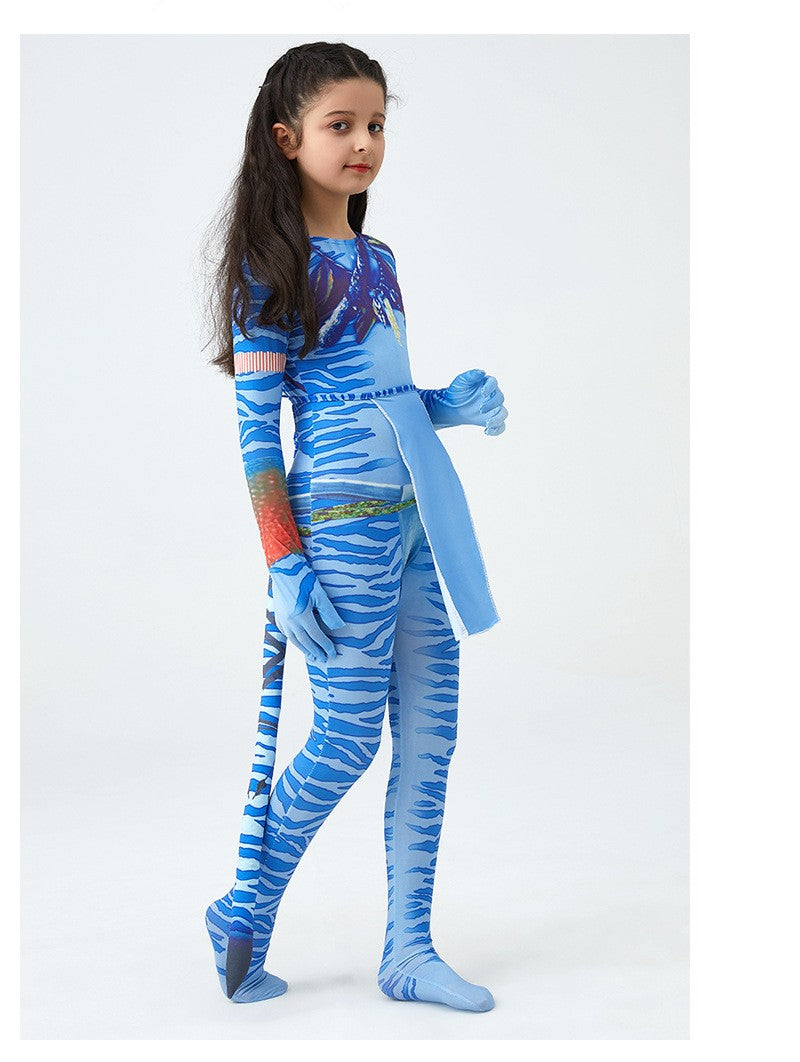 Girls Avatar 2 Neytiri Costume Tail Suit Boys Jake Sully Cosplay Zentai Bodysuit Jumpsuit Kids Halloween Birthday Party Costume