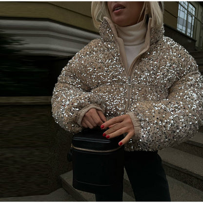 Sparkly Women's Sequin Puffer Jacket Oversize Cropped Stand Collar Zip-Up Party Coat Fashion High Street Female Winter Outerwear