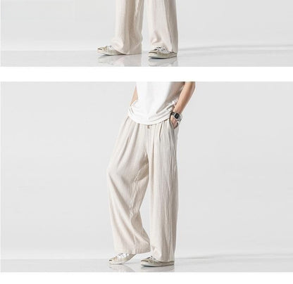 Summer Large Size Linen Cotton Wide Leg Pants Men Casual Comfortable Loose Fit Straight Leg Trousers Long Pants