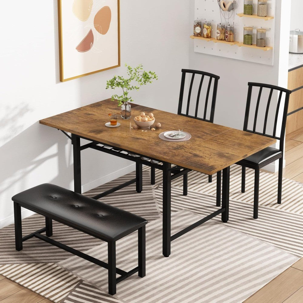 4-Piece Faux Wood Drop Leaf Dining Table with Storage Rack, Space Saving Breakfast Nook Table Set with 2 Backrest Chairs