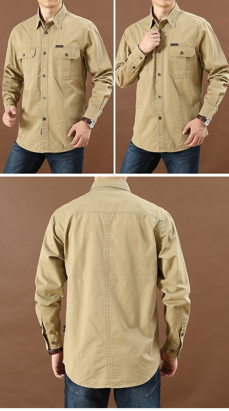 Men Loose Long-sleeved Shirt. New Solid Color Shirt for Middle-aged and Young People in Europe and America in Spring and Autumn