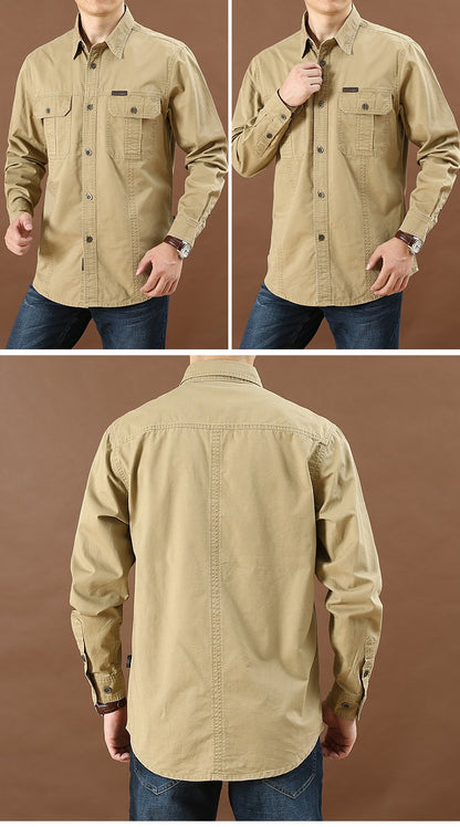 Men Loose Long-sleeved Shirt. New Solid Color Shirt for Middle-aged and Young People in Europe and America in Spring and Autumn
