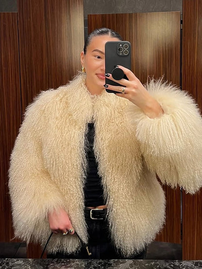 Fashion Solid Plush Faux Fur Coat Women Elegant Warm Long Sleeves Loose Jacket 2025 Lady Winter Chic High Street Outerwear ?