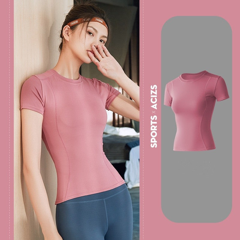 2024 Women's Sports Fitness Clothing Slim Running Sweat Absorbing Skinny Yoga Clothes Quick Drying Clothes Short Sleeved T-shirt