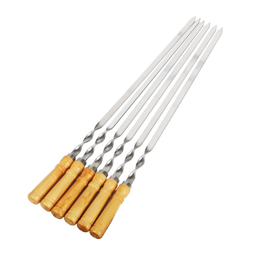 6Pcs Long Handle Shish Kebab Wood BBQ Fork Stainless steel Outdoors Grill Needle Barbecue Grill Stick 55cm 21.65" BBQ Skewers