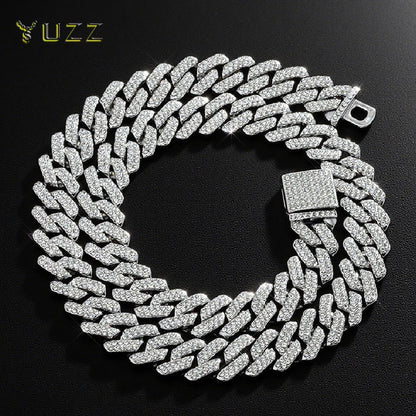 Moda Hip Hop Quadrado 14MM Corrente Cubana Colar Masculino Cor Dourada Feminino Strass Cravejado Corrente Cubana Joias Punk Presente