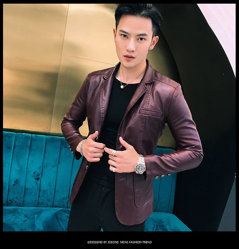 Spring/Autumn Leather Jacket - Plus Size Men's Youth Suit Collar Business Casual Leather Jacket European Sizes XS-3XL