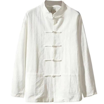 XXXXXL Plus Size Men Cotton Linen Shier Autumn Spring Men Collarless Long Sleeve Frog Button Loose Blouse Tops Oversized M-5XL