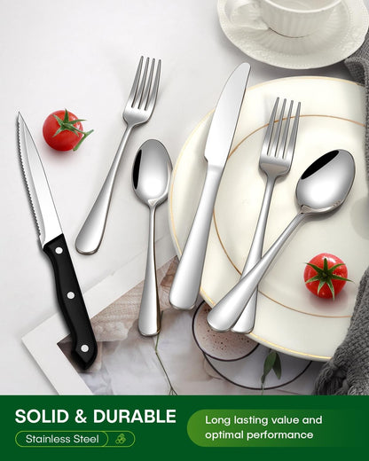 Conjunto de talheres de 48 peças com facas de carne para 8 pessoas, talheres de aço inoxidável espelhado, conjunto de utensílios laváveis na máquina de lavar louça