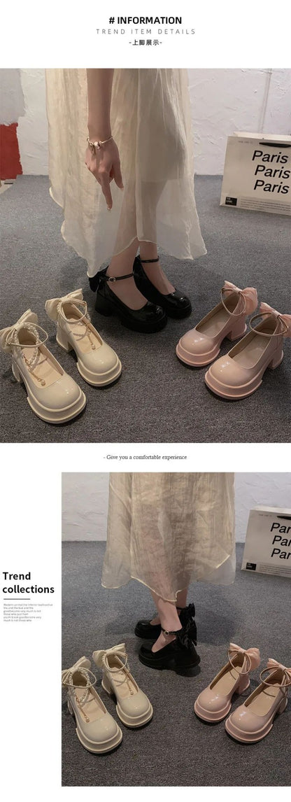 Women Thick Platform Mary Janes Lolita Shoes Party Pumps Summer 2024 New High Heels Sandals Bow Chain Mujer Shoes Oxford Zapatos