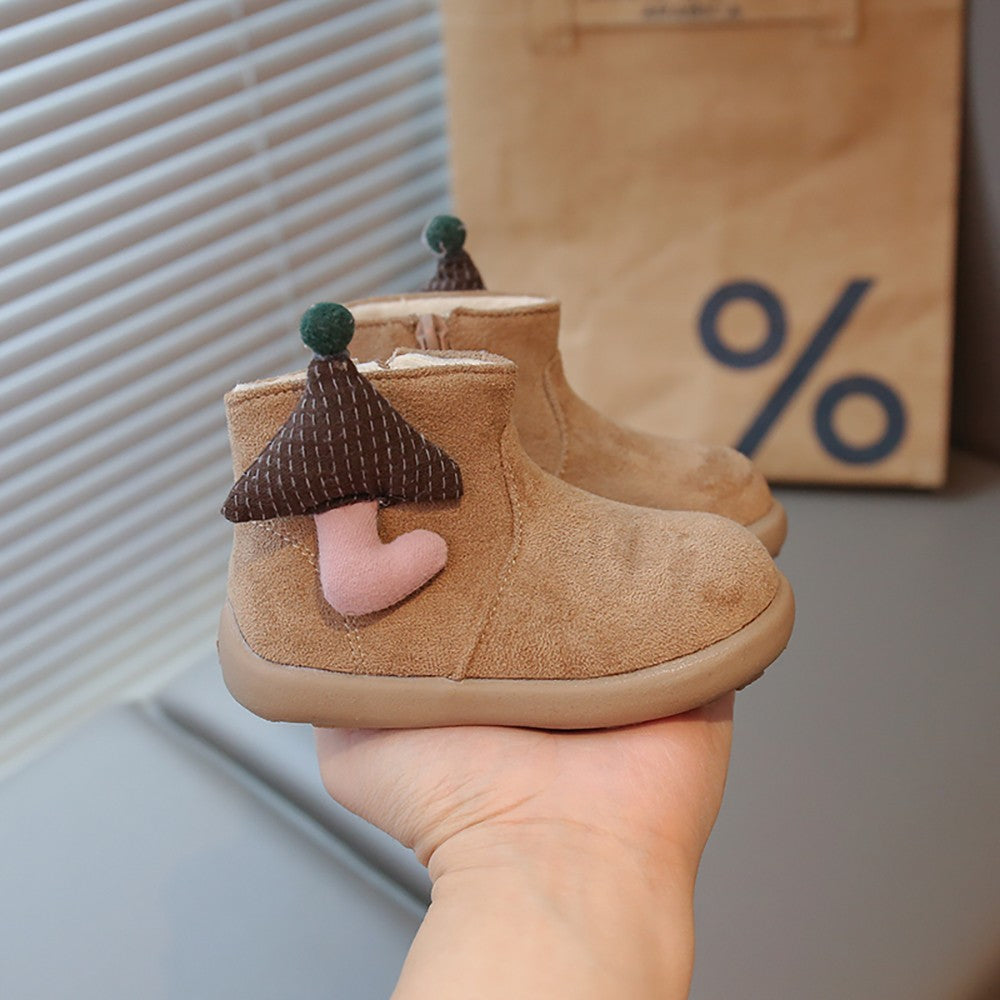 Christmas Children's Snow Boots PU Leather Vintage Girl's Plush Boots Anti-slippery Kid's Warm Padded Boots Cotton Shoes