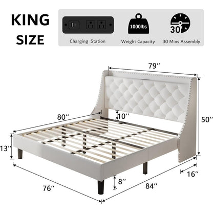 iPormis Velvet King Bed Frame with 16" Comfort Wingback & USB & Charging Station, Upholstered Platform Bed with Button Tufted St