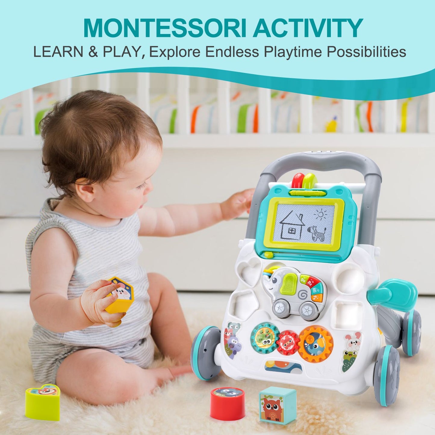 Baby Cartoon Push Walker Toy with Music Drawing Board Multifunction Activity Learning Walk Toddler Walker for 6-15 Months Infant