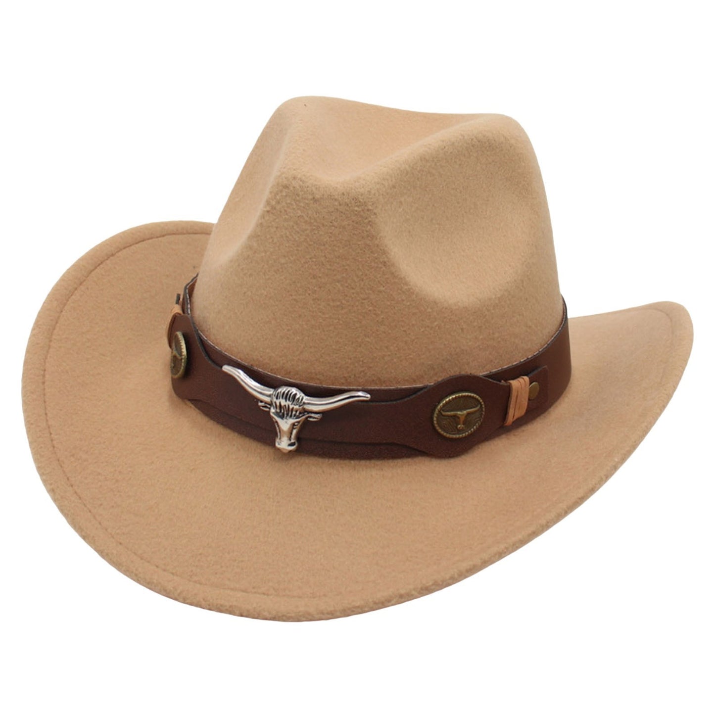 New Felt Western Cowboy Hat Ox Head Accessories Ethnic Style Roll Brim Cowgirl Cap with Cow Band Soft Jazz Fedora Hats Men