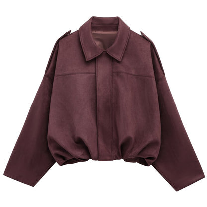 HXAO Women's Bomber Jacket Lapel Long Sleeve Zipper Suede Jacket Women 2025 High Street Cropped Racing Jackets Coats Outerwears