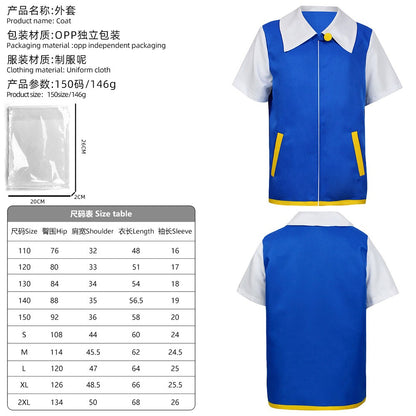 Anime Blue Jacket Cosplay Costume Boys Ash Ketchum for Halloween Party Trainer Gloves Cap Set Christmas Carnival Costumes