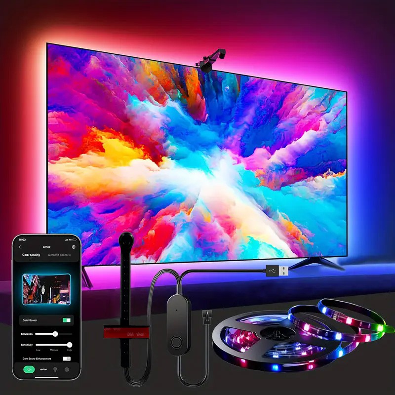 Smart TV LED Backlight with Camera for 55-75 inch Screens RGBIC LED Strip Lights Sync to Screen& Music Gaming Room Decor Light