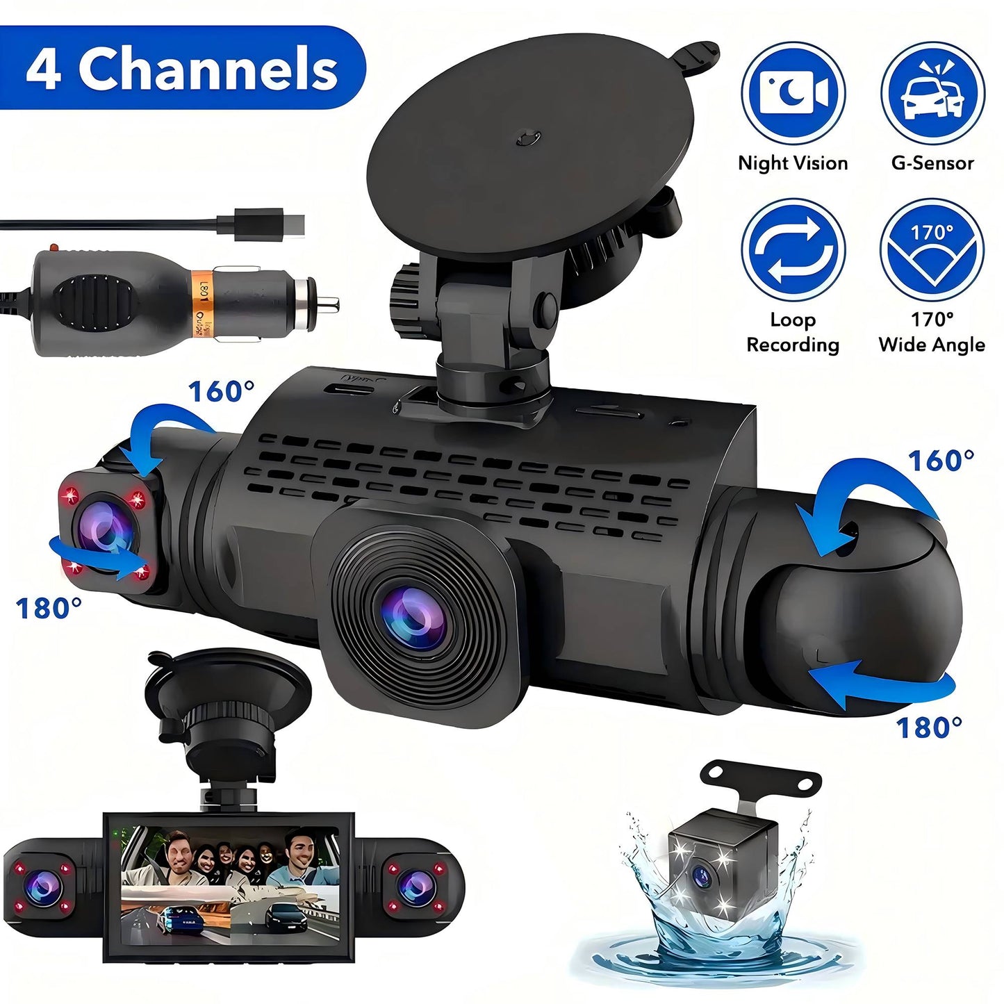 Câmera Veicular Filmadora 4 Canais Caixa Preta FHD 1080P Dianteira Esquerda Direita Traseira Visão Noturna Gravação em Loop adicionar Kit Hardwire
