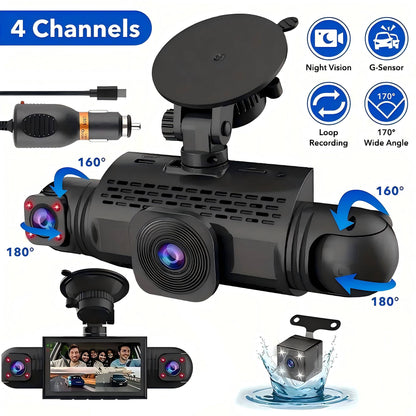 Câmera Veicular Filmadora 4 Canais Caixa Preta FHD 1080P Dianteira Esquerda Direita Traseira Visão Noturna Gravação em Loop adicionar Kit Hardwire